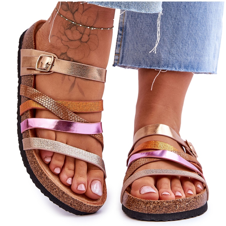 FB2 Women's Platform Slippers With Golden Clover Stripes