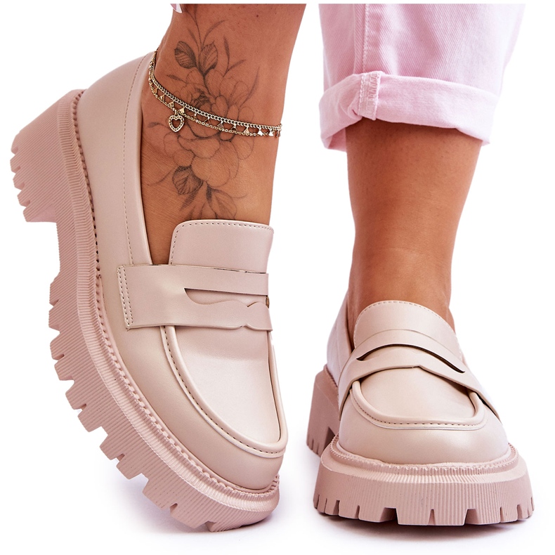Riverside Beige Leather Platform Slip-On Loafers