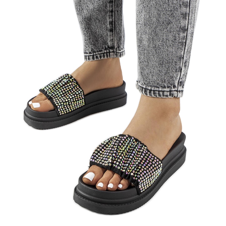 Black sandals on the platform with cubic zirconias from Franet
