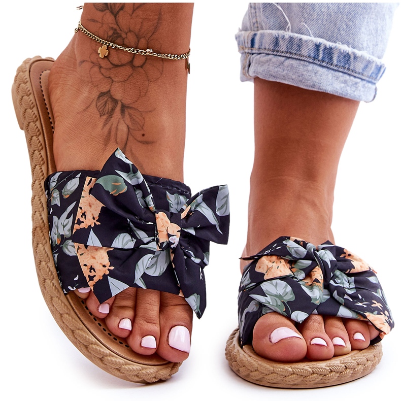 FK1 Women's Slippers With A Fabric Bow Black Blossom