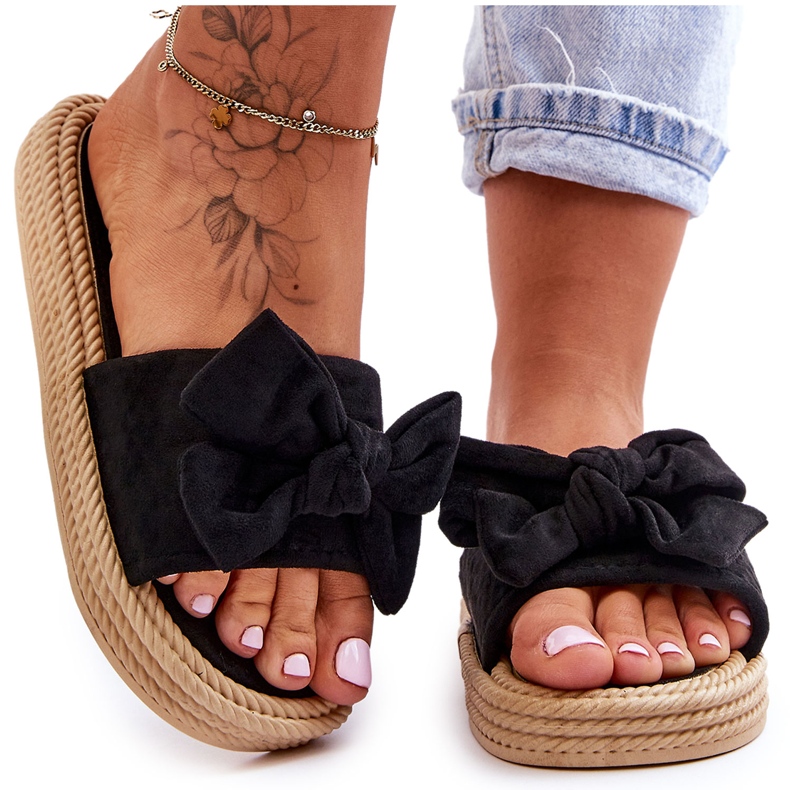 FK1 Women's Suede Slippers With Bow Black Fency