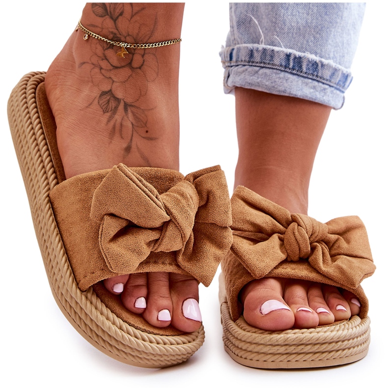 FK1 Camel Fency Women's Suede Slippers With Bow brown