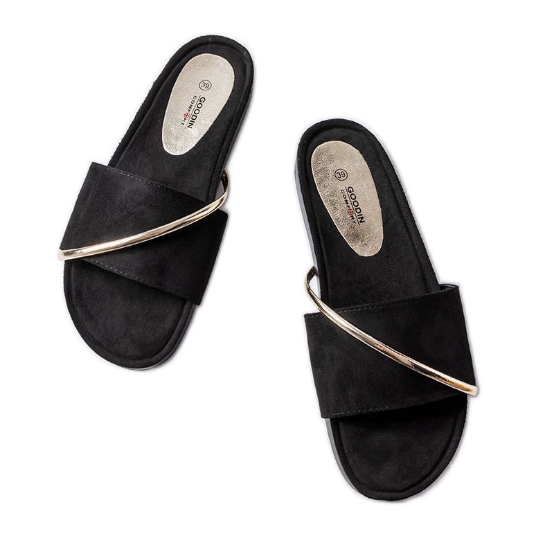 Black flip-flops with gold Plainfield application
