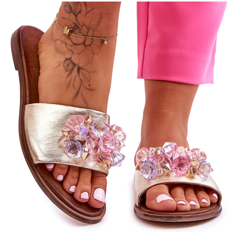 Leather Women's Slippers With Decoration Nicole 2726/064 Gold golden Leather Women's Slippers With Decoration Nicole 2726/064 Gold golden