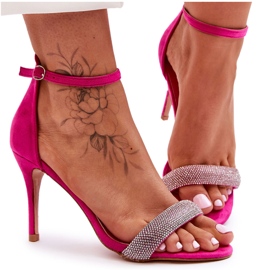 Suede High Heel Sandals With Fuchsia Moments Rhinestones pink