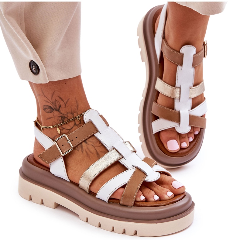 Leather Flat Sandals Maciejka 06101-11 White-Brown beige Leather Flat Sandals Maciejka 06101-11 White-Brown beige