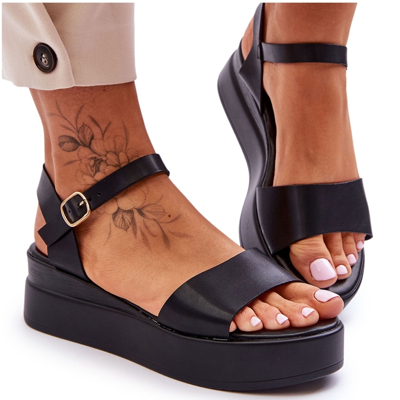 Comfortable Leather Wedge Sandals Black Tifena