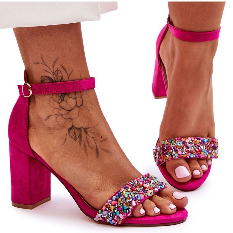 Fashionable High Heel Sandals With Decorative Stones Fuchsia Love Me pink