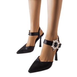Black satin high heel sandals from Linda