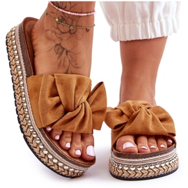Women's Suede Slippers With Camel Lauria Bow brown