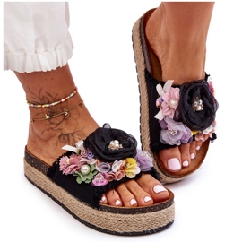 Material Slippers With Flowers Black Nessa
