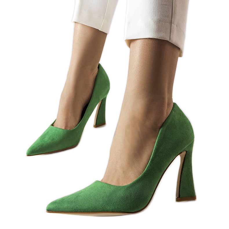 Green pumps on an asymmetric stiletto heel from Linda
