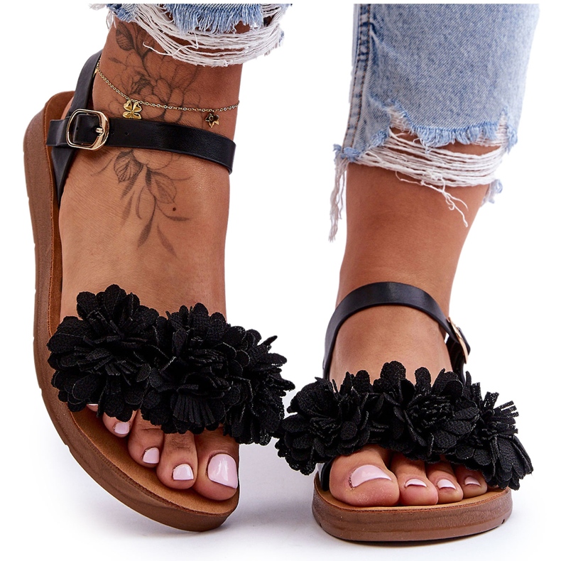 Women's Sandals With Textile Flowers Black Fiori
