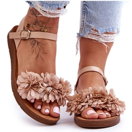 Women's Sandals With Fabric Flowers Beige Fiori