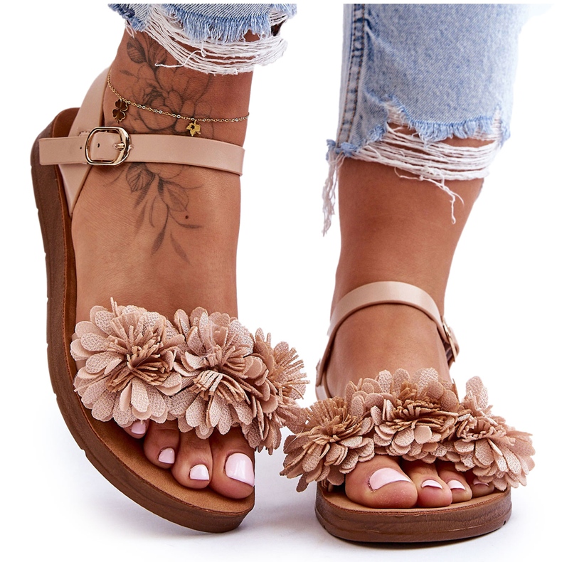 Women's Sandals With Fabric Flowers Beige Fiori