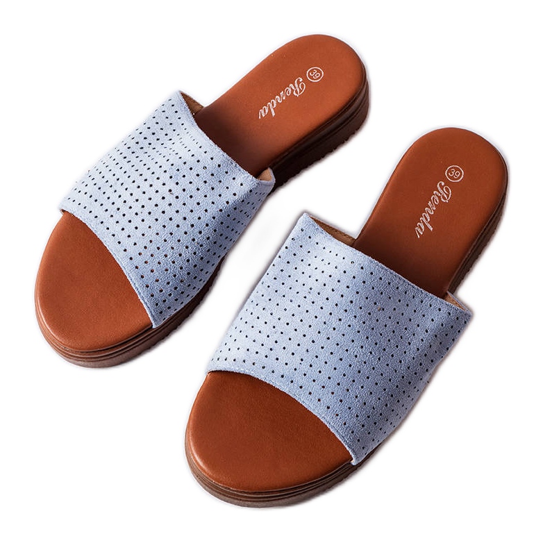 Blue slippers with an openwork upper from Idabel