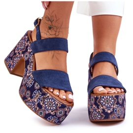 Maciejka Leather High Heels Sandals 06089-17 Navy Blue