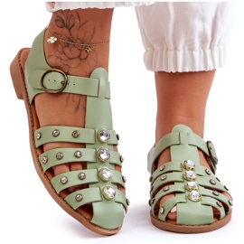 Women's Flat Sandals With Zircons Green Ascot