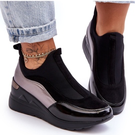 PE1 Women's Slip-On Wedge Sneakers Black And Silver Farro PE1 Women's Slip-On Wedge Sneakers Black And Silver Farro
