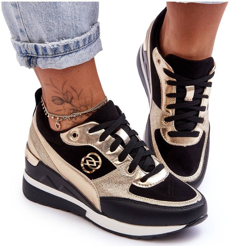 PE1 Women's Lace-Up Wedge Sneakers Black And Gold Genova