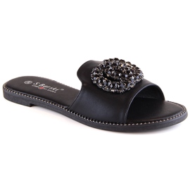 Women's flat comfortable slippers with zircons black S.Barski Kv 520-30
