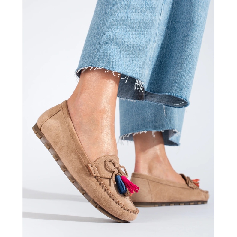 Light beige suede boho loafers with tassels from Shelovet
