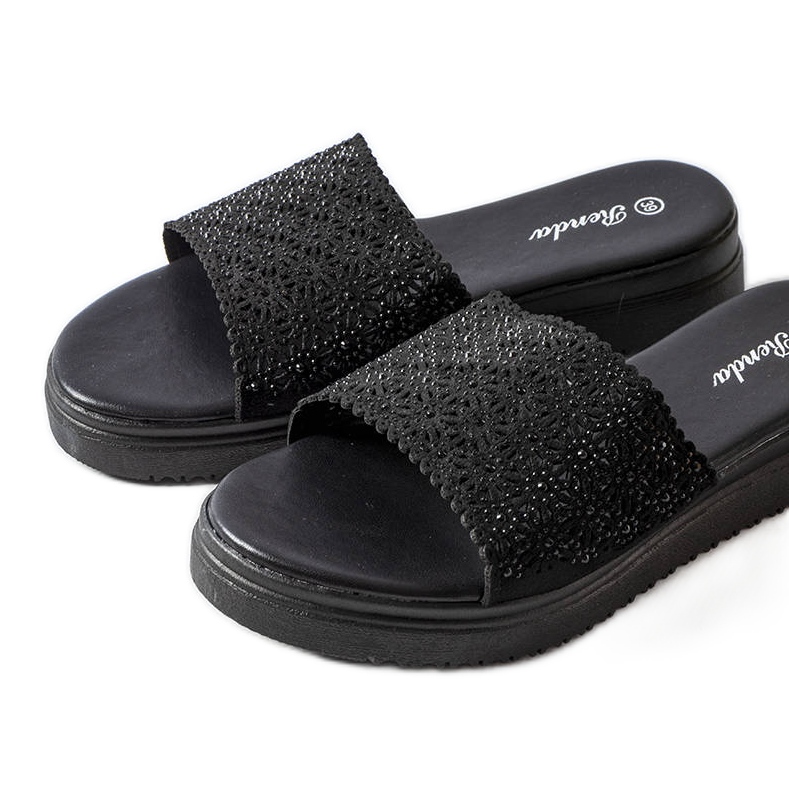 Black openwork sliders with zircons from Irvine