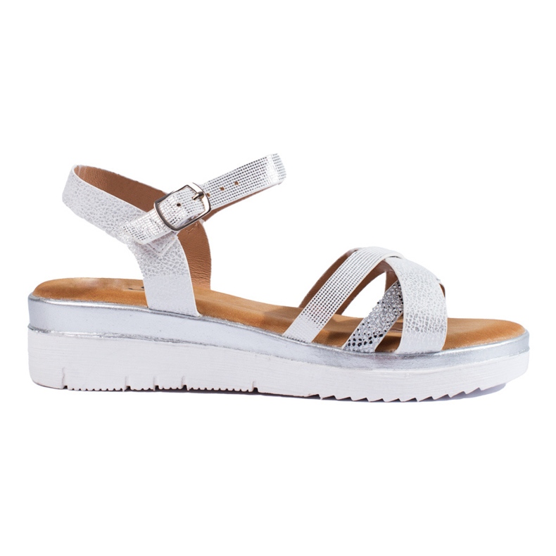 Comfortable Shelovet white and silver low wedge sandals