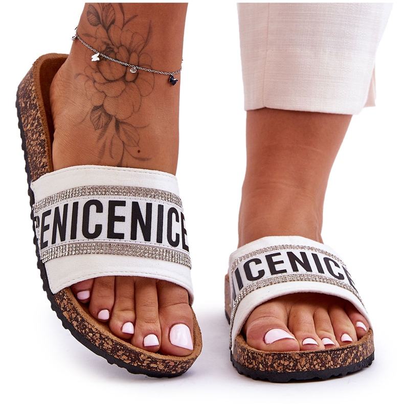 Cork Slippers With Zircons White Be Nice