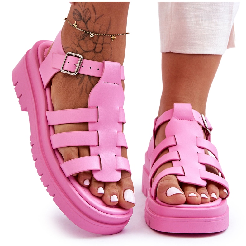 FS1 Leather Flat Sandals With Pink Diosa Straps