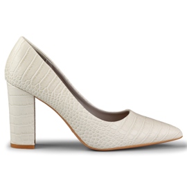 Bright pumps on a post made of eco-leather grey