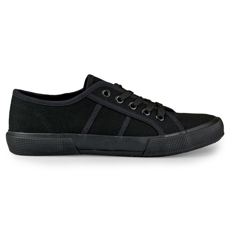 Black low-top sneakers with a black sole