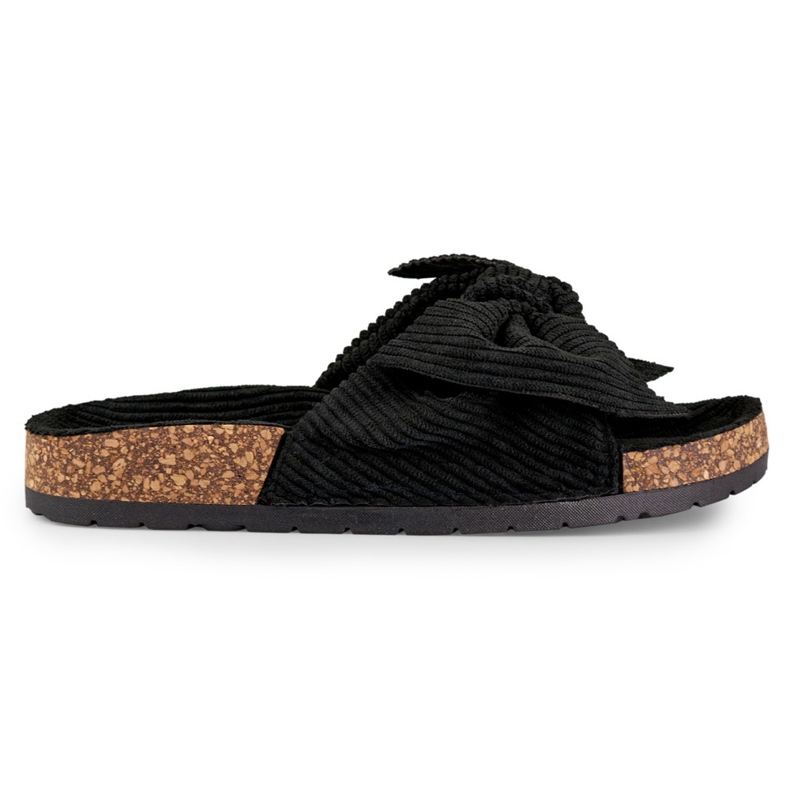 Classic suede black women's slippers with a bow