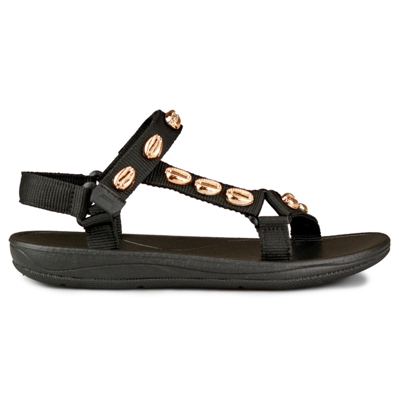 Women's flat sandals with golden decorations black