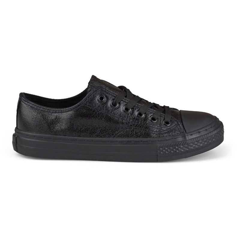 Shiny black sneakers with a black sole