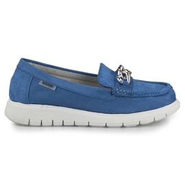 Women's navy blue loafers on a low platform