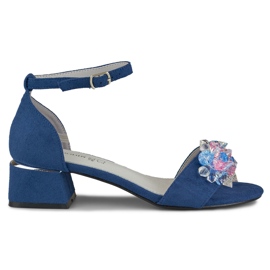 Navy blue embellished low heel sandals