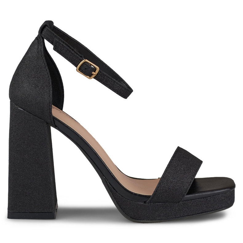 Black shiny sandals with a wide high heel