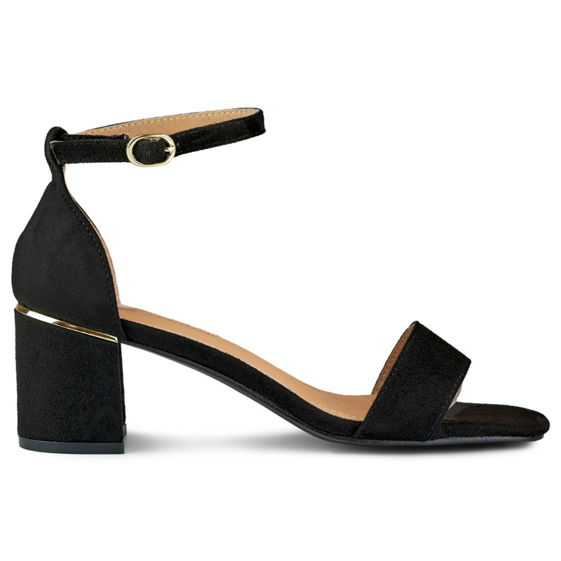 Black sandals on a low heel with a gold detail