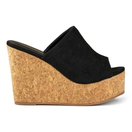 Black flip flops on a cork wedge Black flip flops on a cork wedge