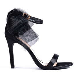 Black sandal with a tulle bow on a Shelovet stiletto heel Black sandal with a tulle bow on a Shelovet stiletto heel