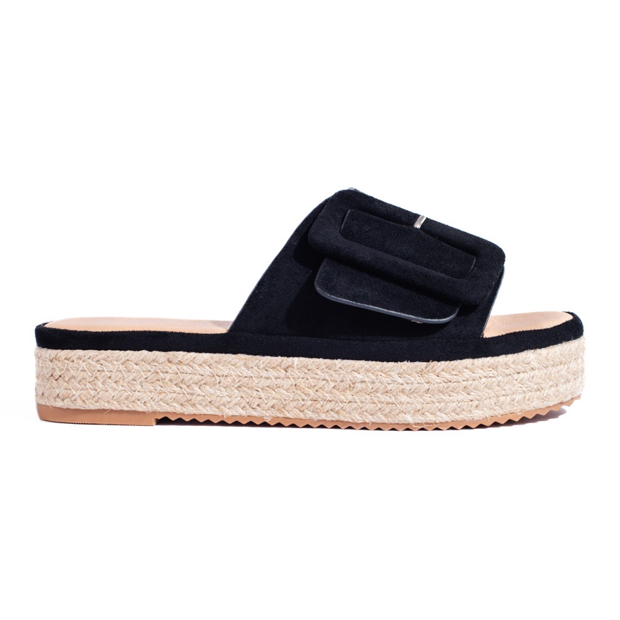 Black suede espadrille slides on the Shelovet platform