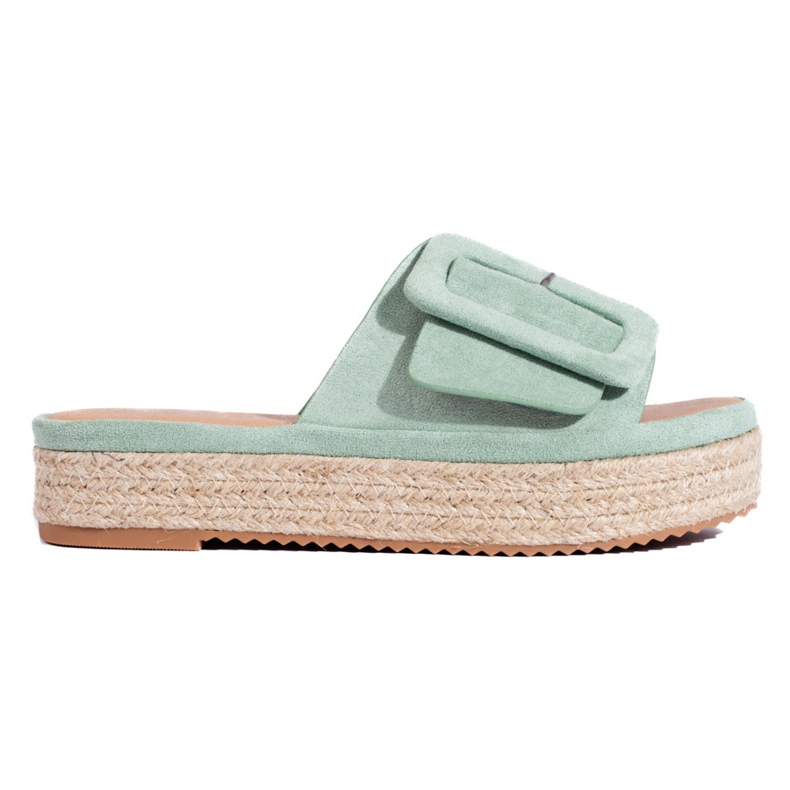 Mint suede espadrille slides on the Shelovet platform green