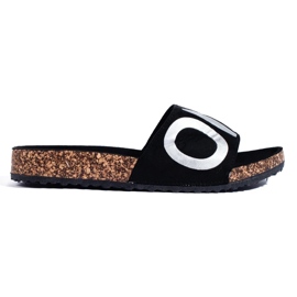 Black flip-flops with silver lettering on the Shelovet cap