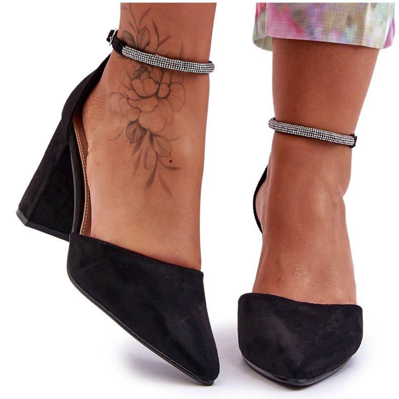 Black Diamond Suede Pumps With Cubic Zirconia