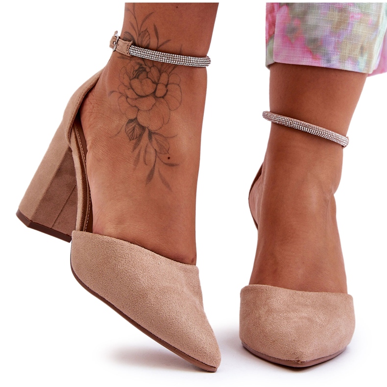 Dark Beige Diamond Suede Pumps With Cubic Zirconia