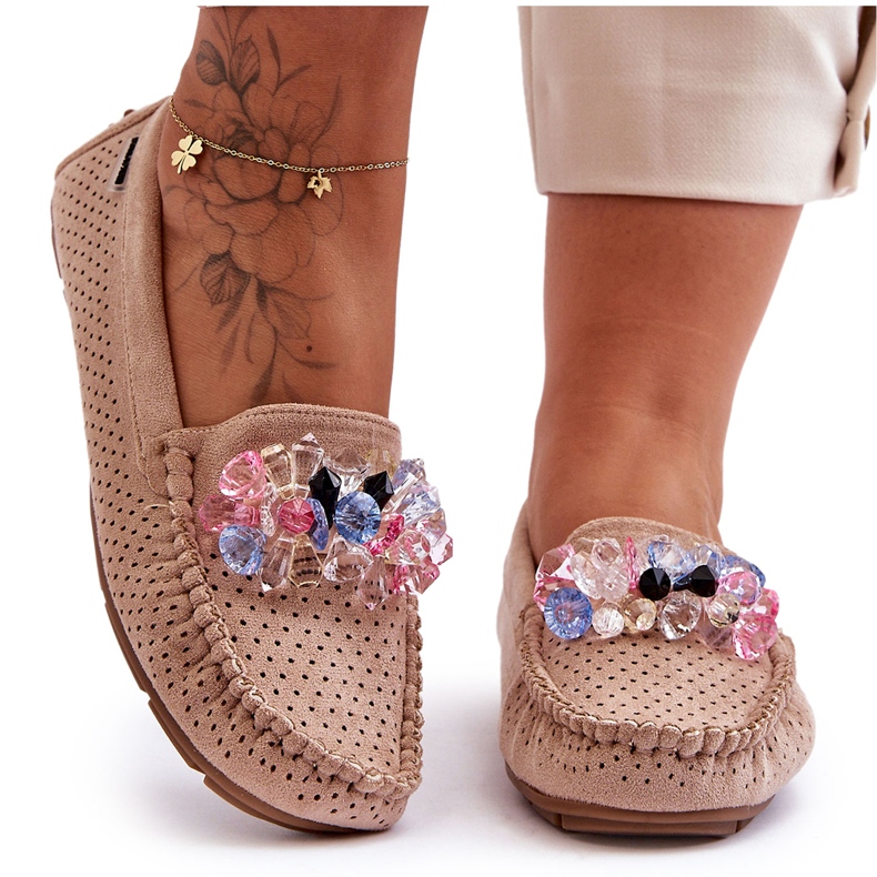 PM1 Trendy Suede Loafers With Beige Delima Ornaments