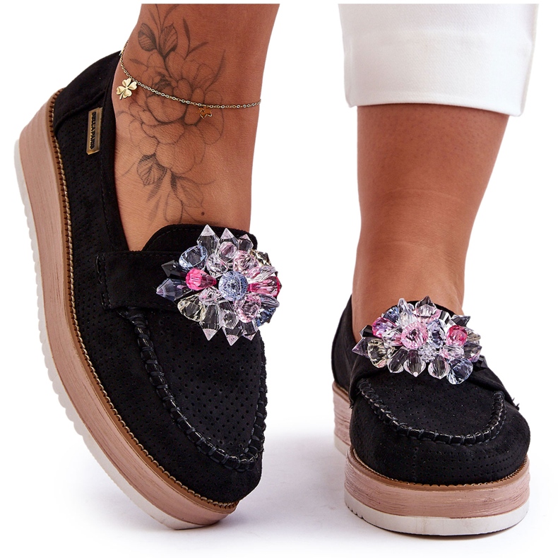 PM1 Women's Platform Loafers With Stones Black Elonore