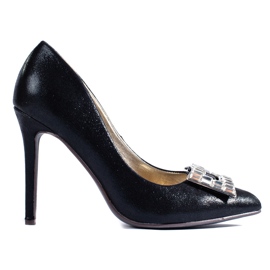 Black satin pumps with a silver buckle from Shelovet Black satin pumps with a silver buckle from Shelovet