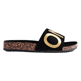 Black flip-flops with gold lettering on the Shelovet cap